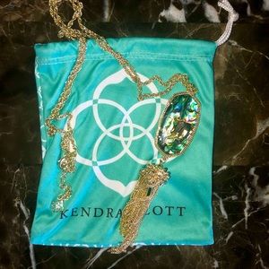Kendra Scott Rayne Tassel Abalone Shell long necklace in gold.